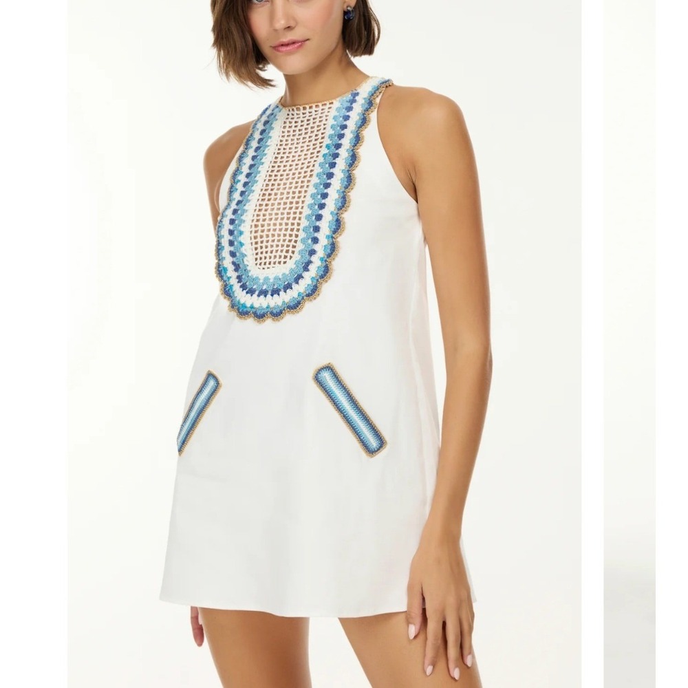 My Beachy Side Arya Mini Dress White Blue Hand Crochet Embroidered Cotton M NEW